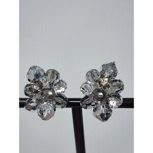 Vintage Vendome Crystal Cluster Clip On Earrings Clear Floral Coro 1960s Spinner